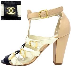 Chanel CC Logo Leather Strappy Gladiator Heels Sandals Black White Gold‎ EU37